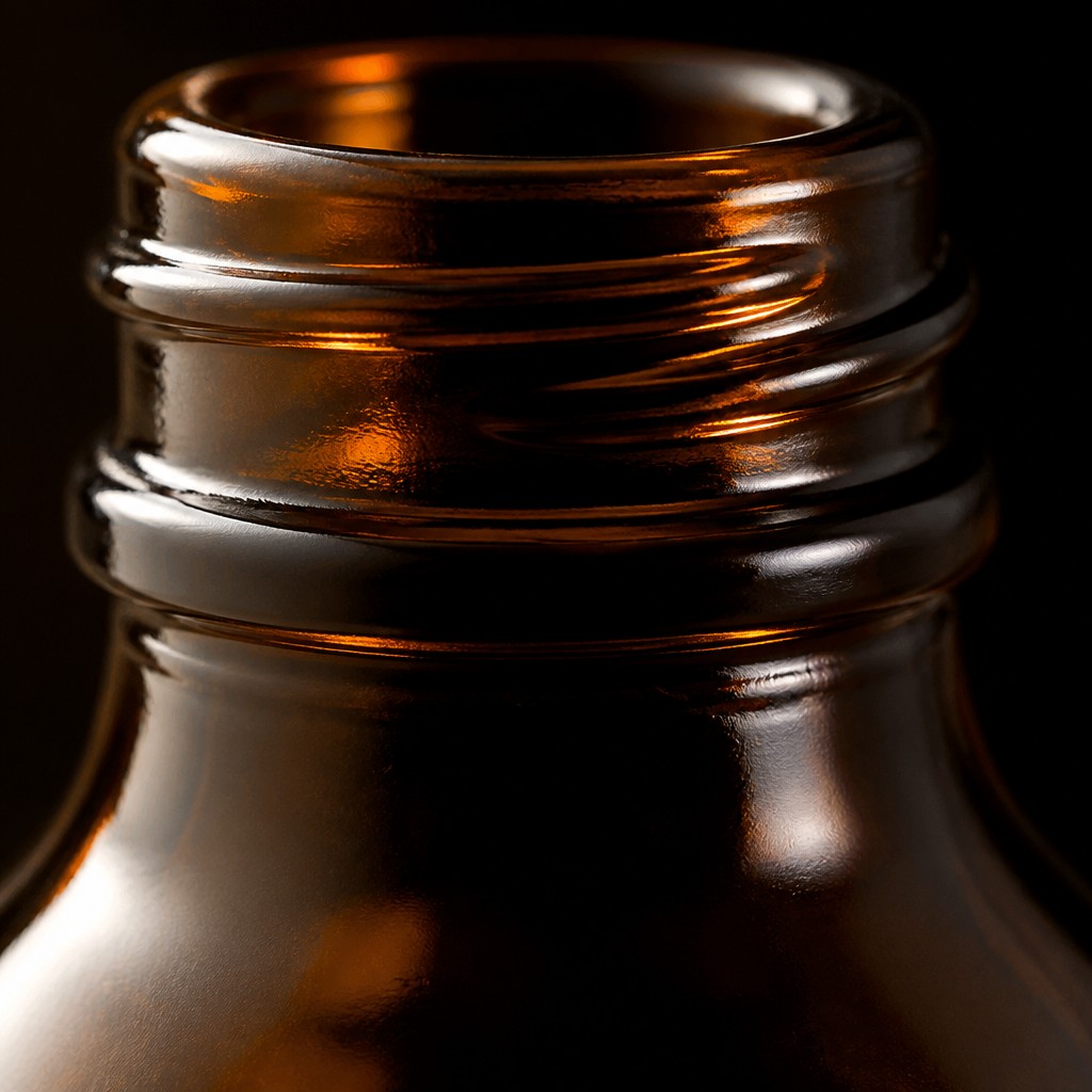 Macro detail of an amber glass bottle neck with sprayed finish